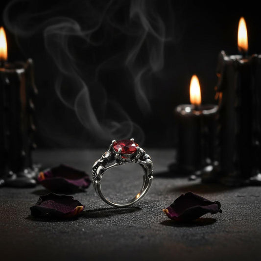 Silver ring with a red gemstone on a white background