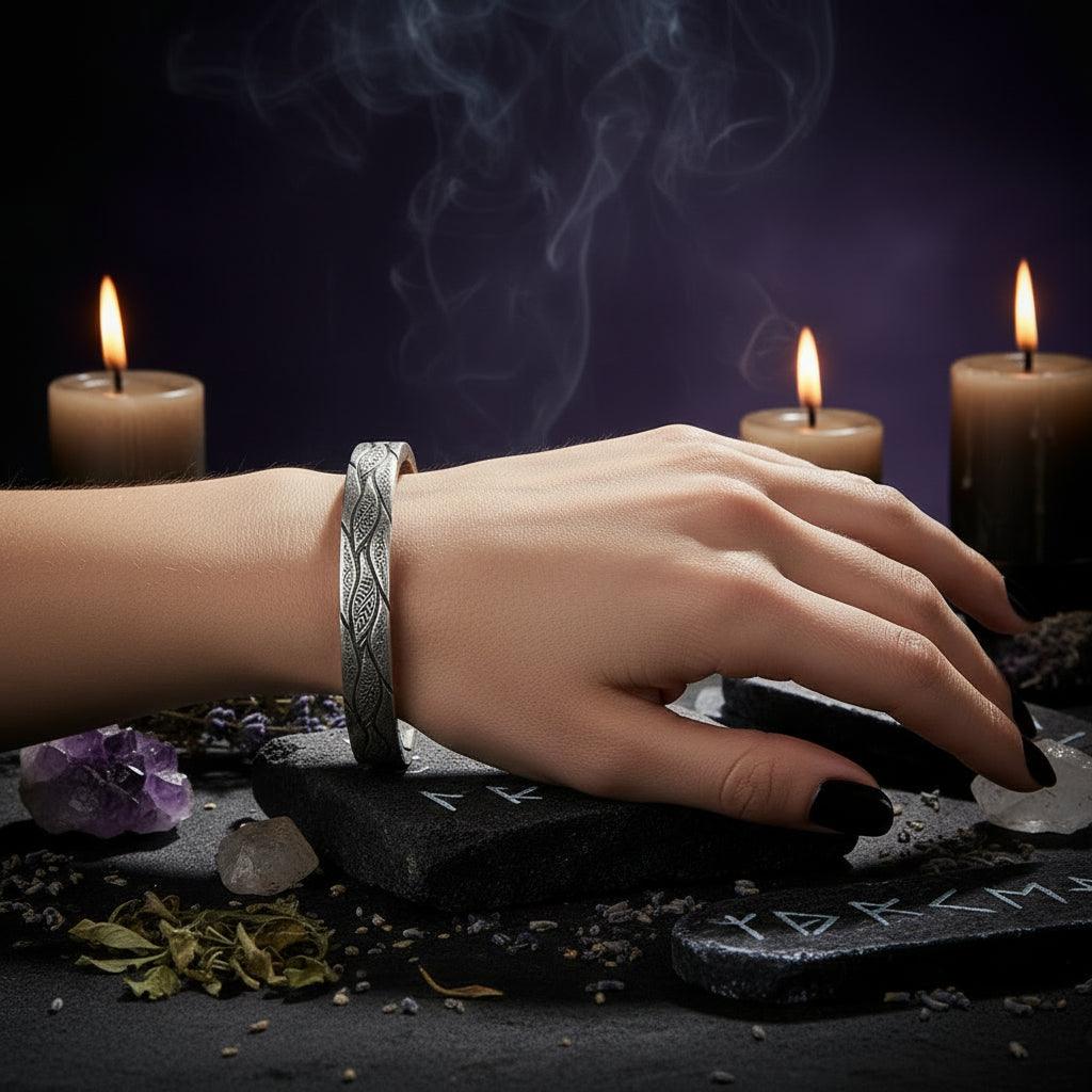 Silver bracelet with wavy pattern on a wooden surface and black background