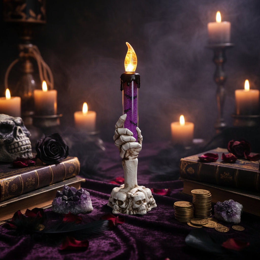 Decorative candle with a skull base on a table with Halloween decorations in the background.