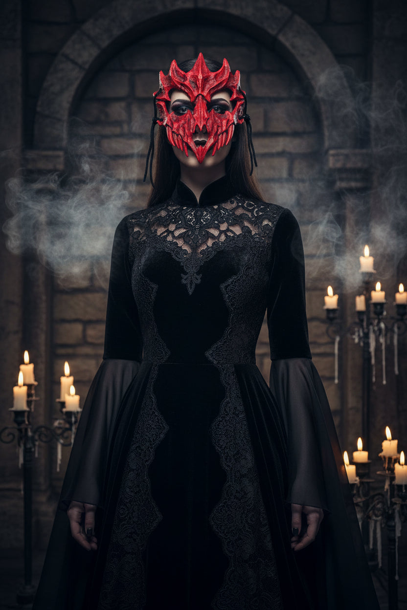 A red horned fantasy mask with textured, bone-like details and black hanging cords, shown against a plain white background.