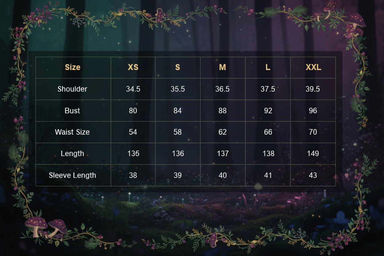 A size chart table showing measurements for sizes XS through XXL, with rows for Shoulder, Bust, Waist Size, Length, and Sleeve Length.
