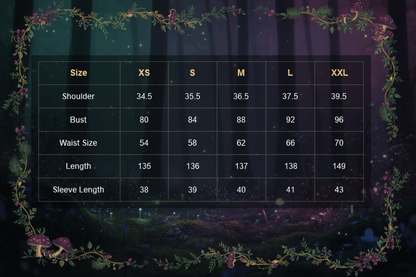 A size chart table showing measurements for sizes XS through XXL, with rows for Shoulder, Bust, Waist Size, Length, and Sleeve Length.
