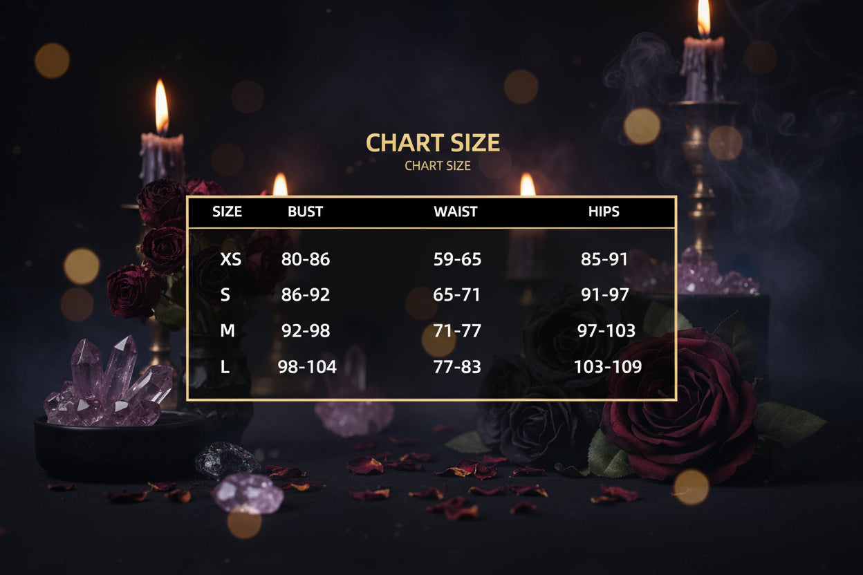 Size chart for clothing with bust, waist, and hips measurements.