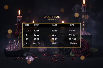 Size chart for clothing with bust, waist, and hips measurements.