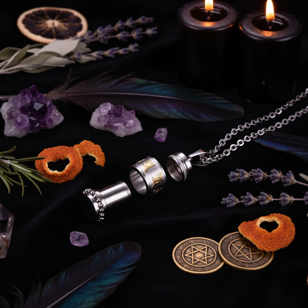 A silver-toned metal capsule pendant necklace shown disassembled on a rustic wooden surface, with one end featuring a small cluster of clear rhinestones and the middle section engraved with gold symbols.
