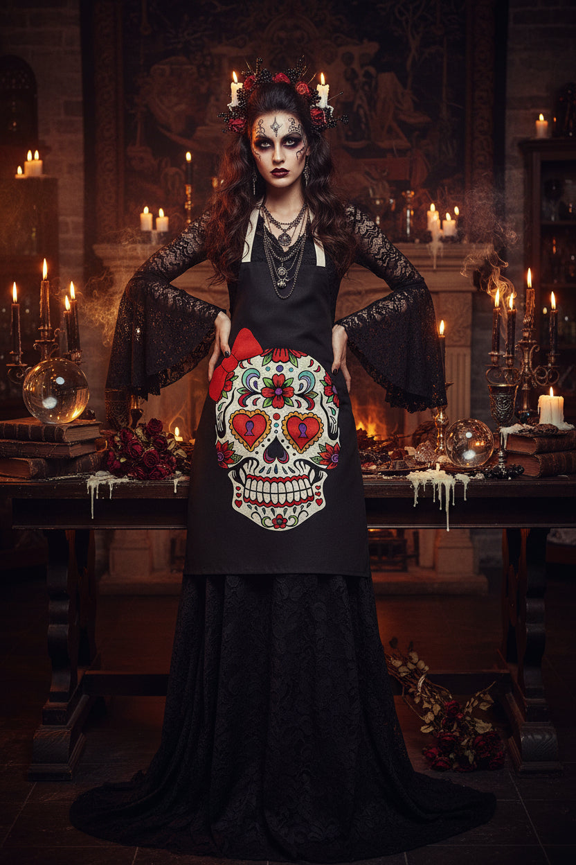 Black apron with a colorful skull design and red bow on a white background