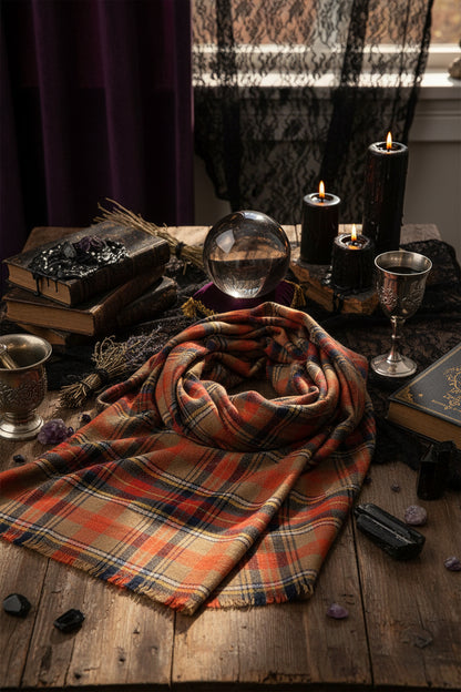 Cashmere Scarf with Fringe and Plaid Design Sorceress Sanctuary