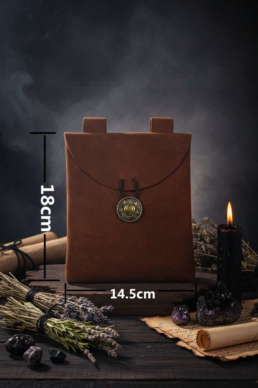 Brown leather pouch with a gold buckle and measurements on a white background