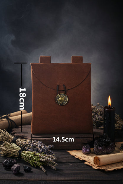 Brown leather pouch with a gold buckle and measurements on a white background