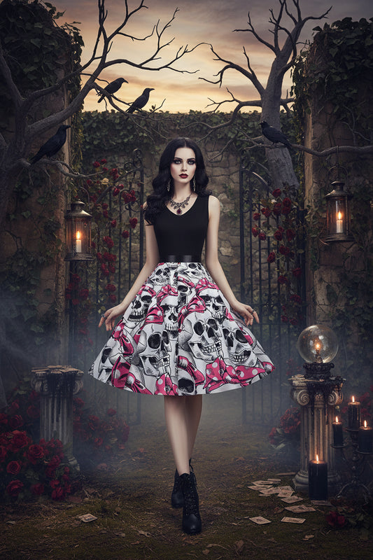 Dress with skull and pink bow pattern on a white background