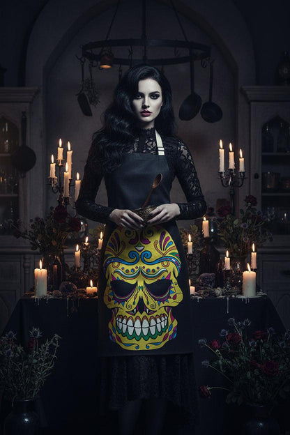 Black apron with a colorful skull design on a white background