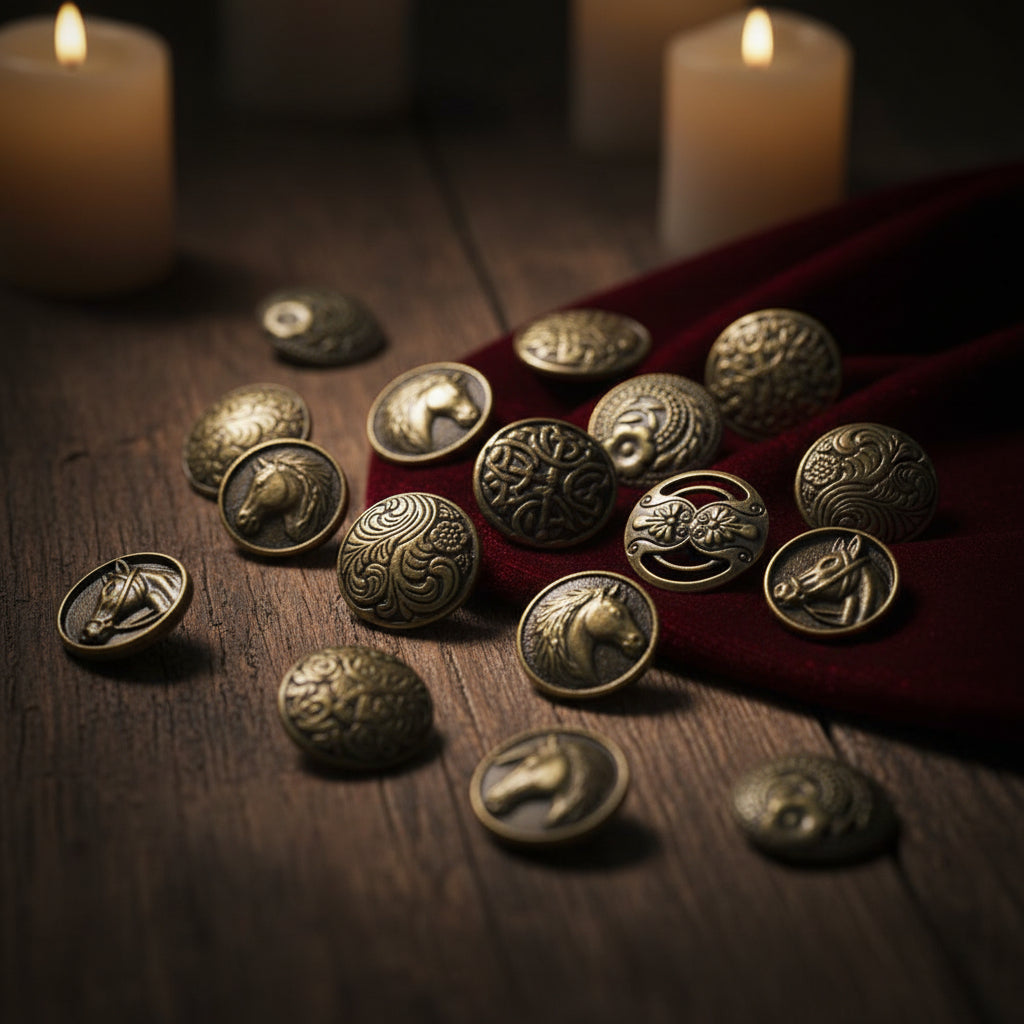A collection of round decorative buttons with intricate Celtic knot and Norse-inspired designs in an antique bronze finish, scattered on a plain white background.