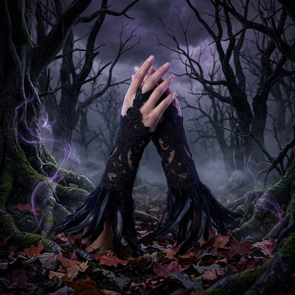 Halloween Feather Gloves and Lace Accessories Set Sorceress Sanctuary