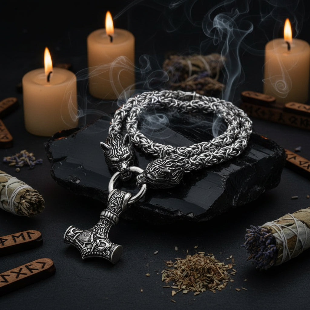 Silver chain necklace with a Thor's hammer and wolf head pendant on a white background