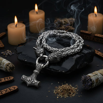 Silver chain necklace with a Thor's hammer and wolf head pendant on a white background
