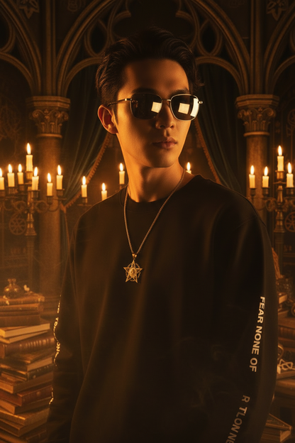 A young man wearing black sunglasses, a black crewneck sweatshirt with white text, and a gold chain necklace with a pentagram pendant, photographed against a dark gray background.