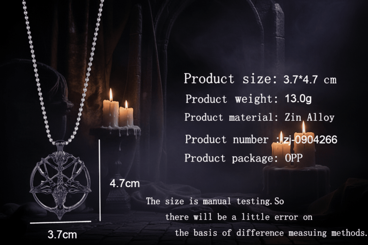 A black metal pentagram pendant necklace on a white background, shown with printed size and weight information to the right. The image includes text stating product size 3.