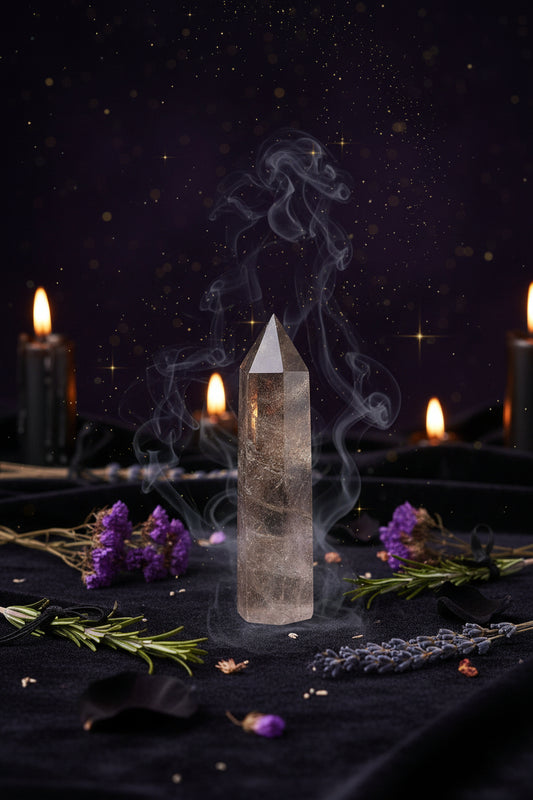 Crystal tower on a white surface with a blurred background