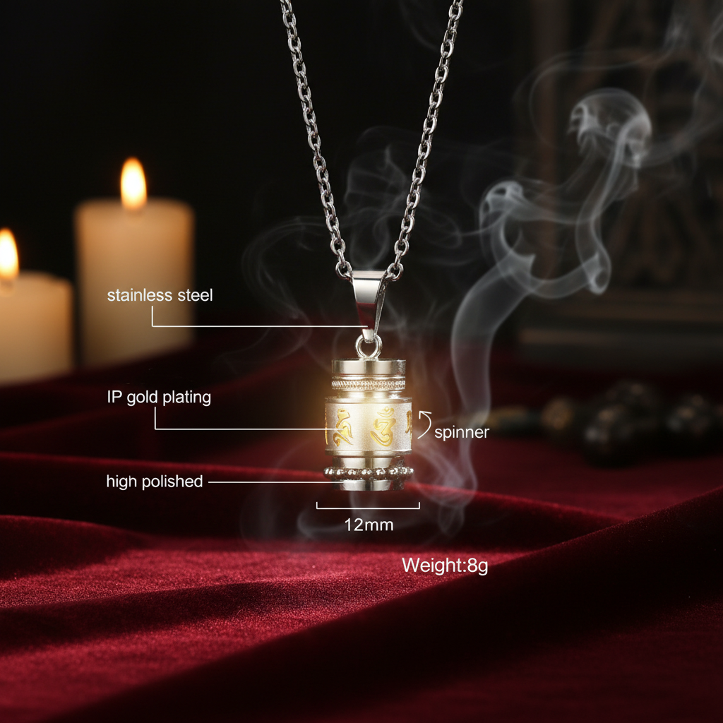 Silver stainless steel necklace pendant with gold-plated details and a spinner design, shown with measurement labels and text on a white background.