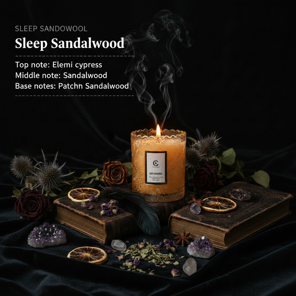 Sleep Sandalwood candle with decorative label on a white background
