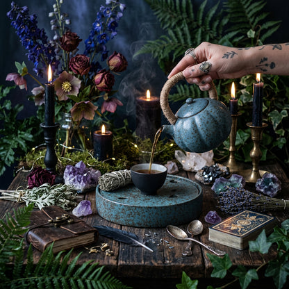 Person pouring tea from a blue ceramic teapot into a matching cup on a tray.