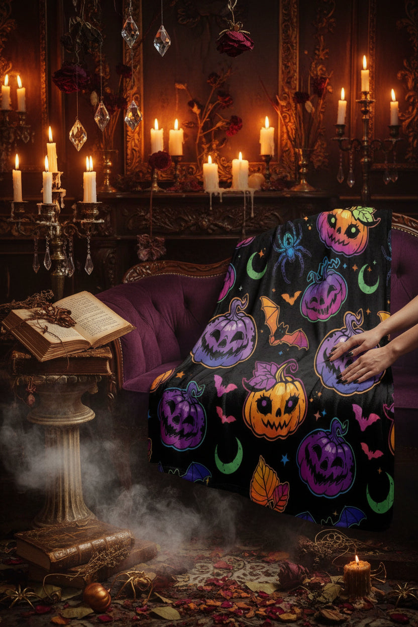 Colorful Halloween Pumpkin Spider Bat Flannel Blanket Sorceress Sanctuary
