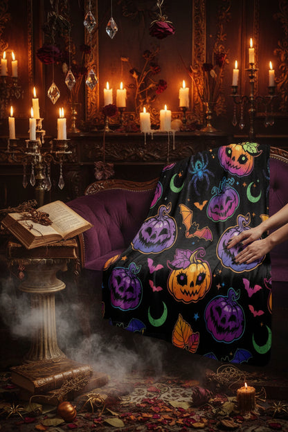 Colorful Halloween Pumpkin Spider Bat Flannel Blanket Sorceress Sanctuary
