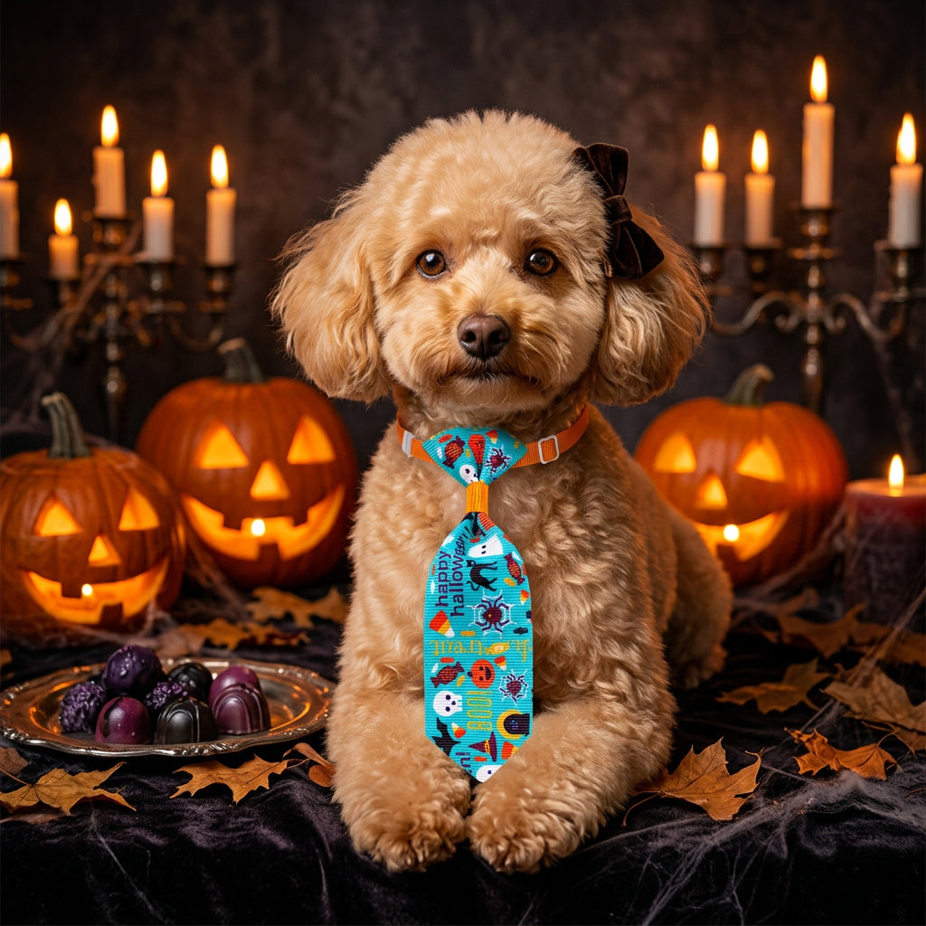 Colorful tie with Halloween-themed design on an orange strap against a white background