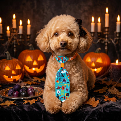 Colorful tie with Halloween-themed design on an orange strap against a white background