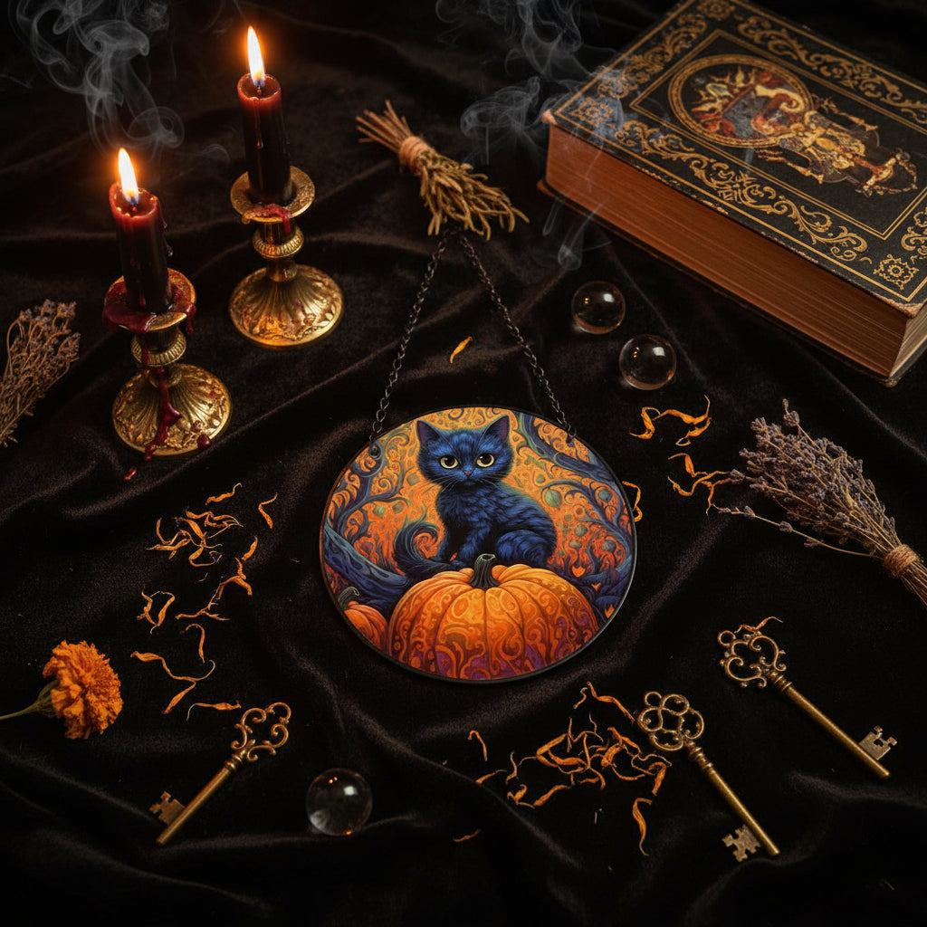 Decorative circular piece with a blue cat and pumpkin on an ornate background, hanging against a gray sky.