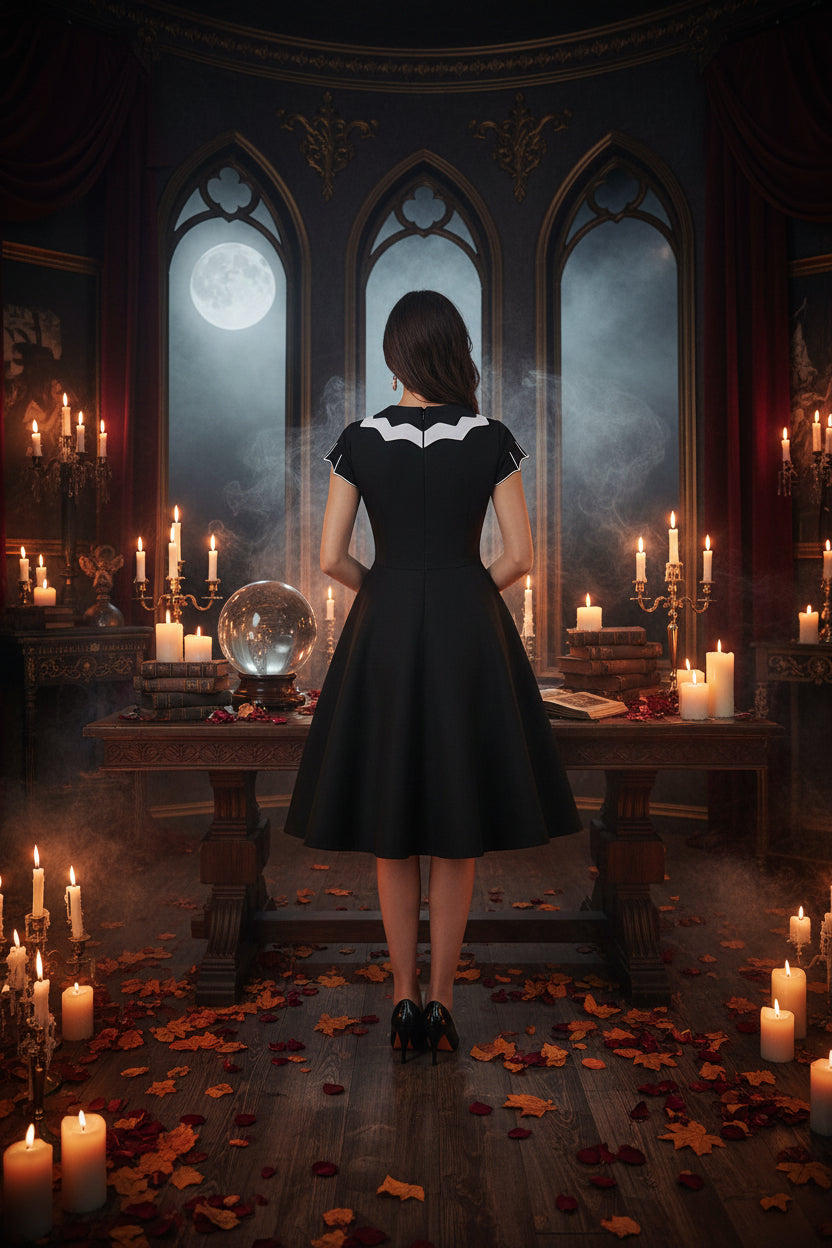 Embroidered Bat Dress for Halloween Celebration Sorceress Sanctuary
