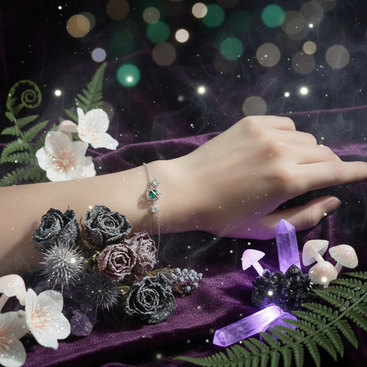 A delicate silver bracelet with a small oval charm and a dangling clear stone, shown worn on a person's wrist against a soft white fabric background.
