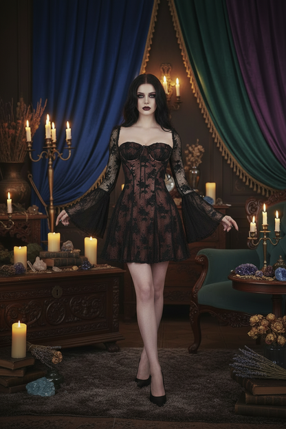 A woman stands in a dark, candle-lit gothic room wearing a short black lace corset dress with sheer long sleeves and flared bell sleeves. The room features deep blue and purple drapes, candelabras, candles, and antique furniture.