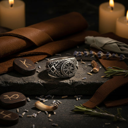 Silver ring with intricate designs on a white background