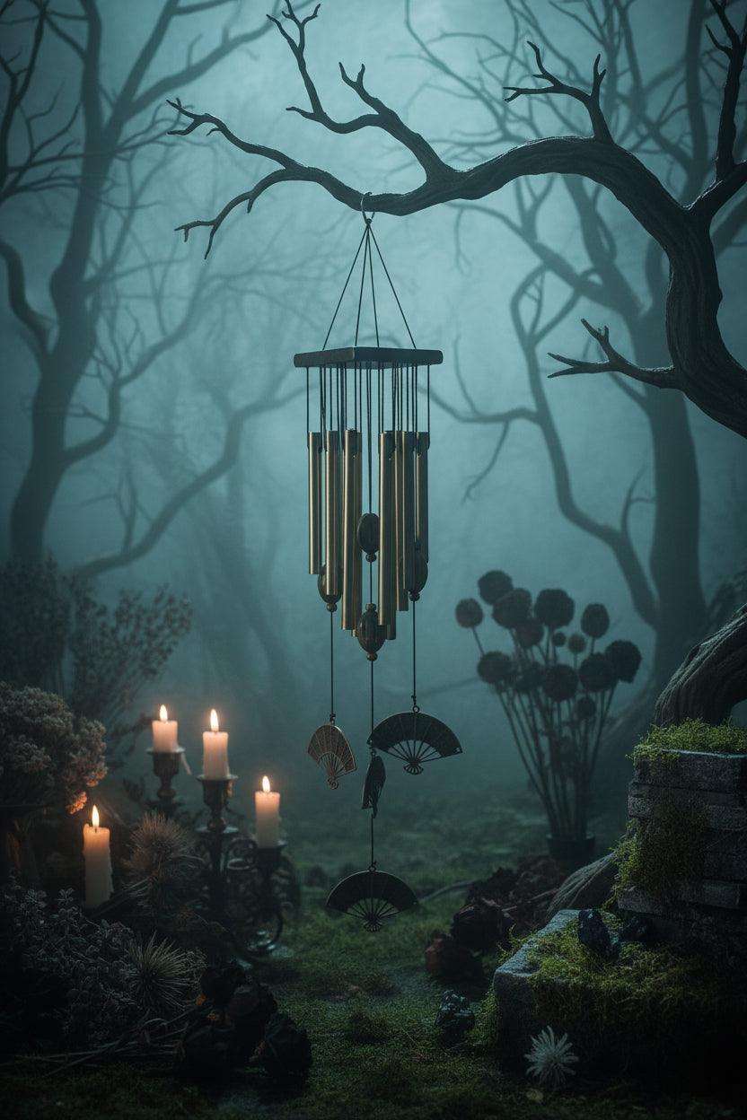 Wind chime with decorative metal fan elements on a gothic forest natural background