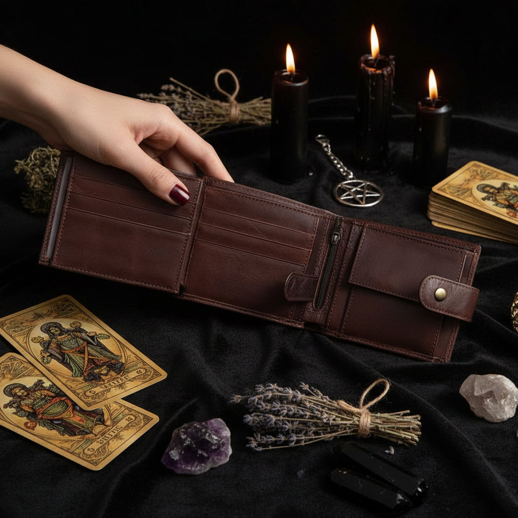 Brown leather wallet with a hand holding an open black wallet against a white background