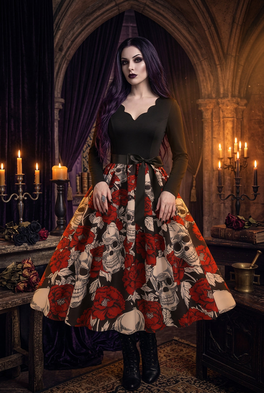 Slim Fit Skull Print Swing Dress Sorceress Sanctuary