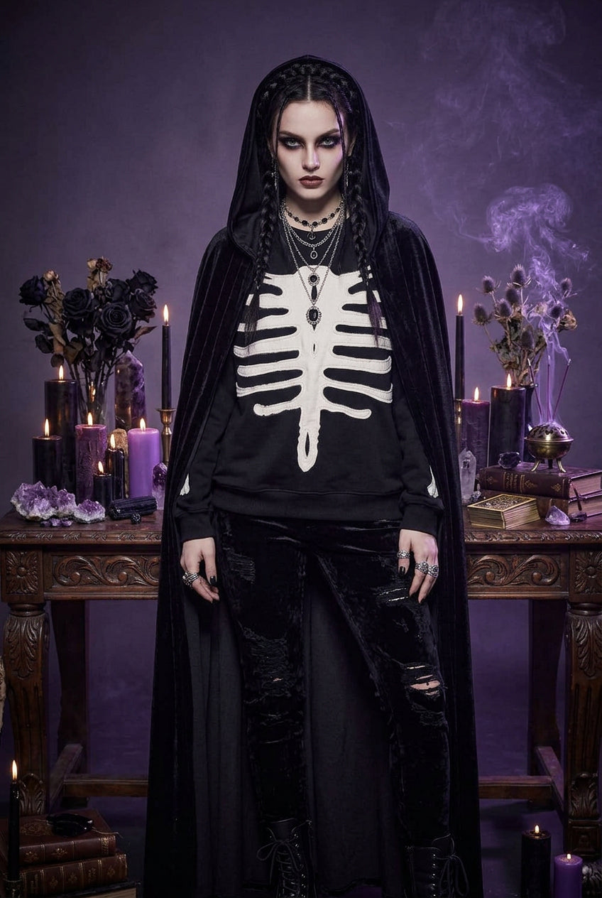 Skeleton Patch Embroidery Hooded Sweatshirt Sorceress Sanctuary
