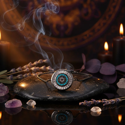 Necklace with a circular pendant featuring blue and clear stones on a white surface.