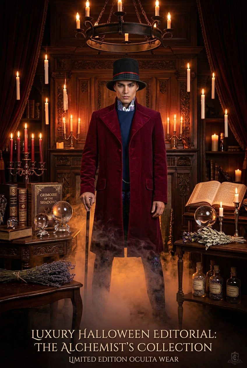 A long burgundy velvet coat displayed on a mannequin, styled with a navy blue sweater, a patterned shirt, a black top hat with a red and blue band, and a silver chain against a plain white background.