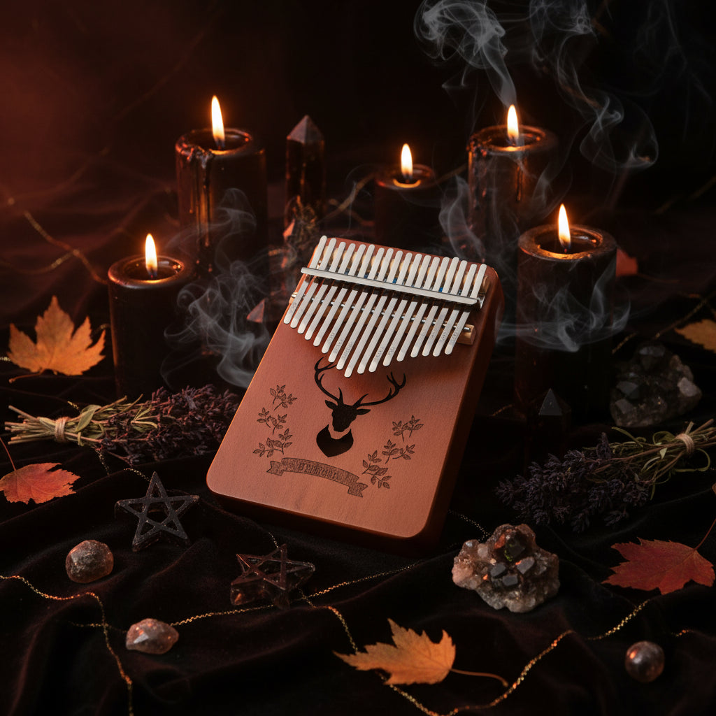 A wooden kalimba thumb piano with silver metal tines, featuring an engraved deer head and floral pattern on a pinkish-brown wood body, shown with its cardboard packaging box on a textured gray fabric background.