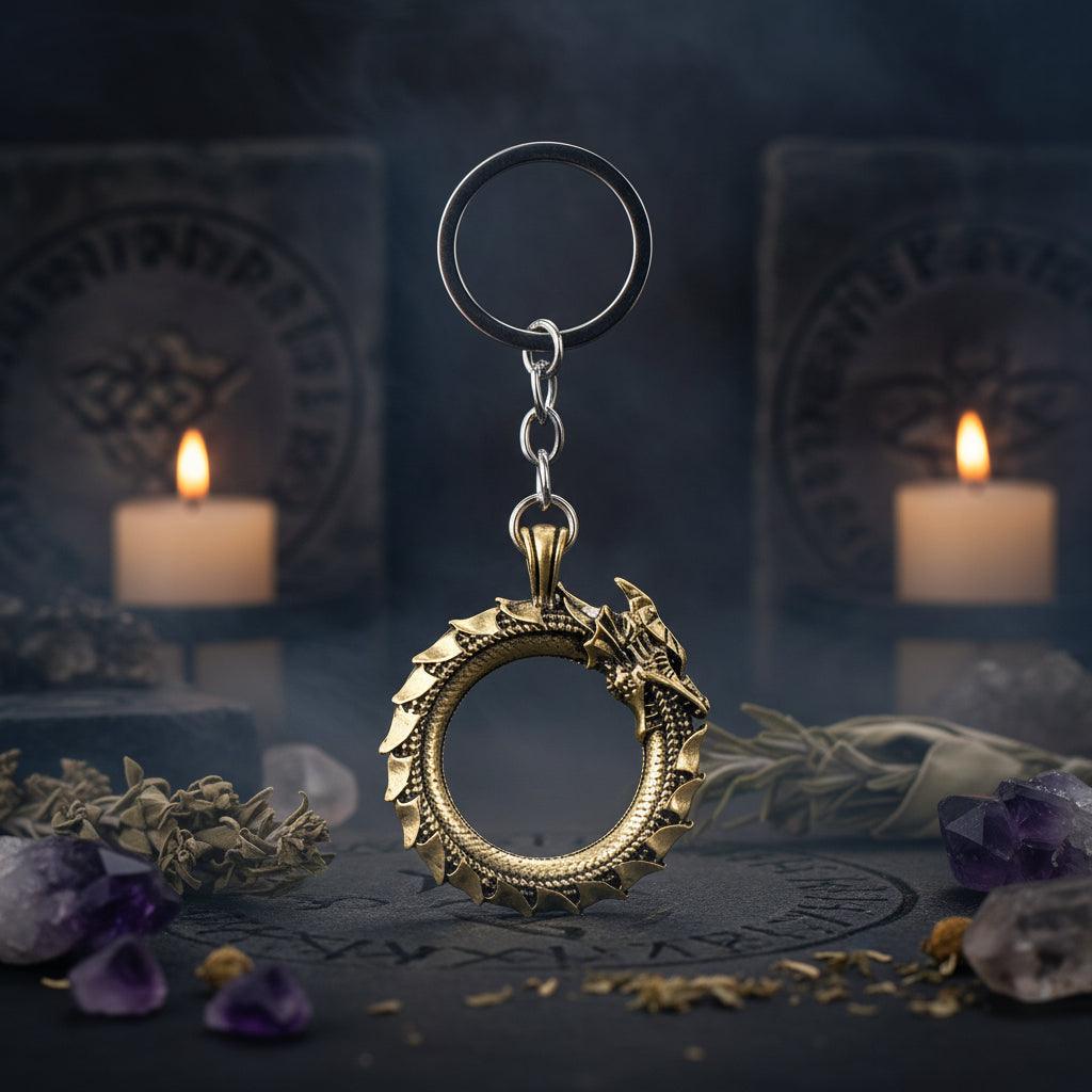 Keychain with dragon design on a white background