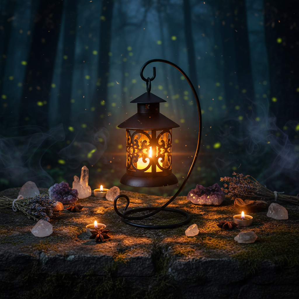 Black decorative lantern on a table with a glass, phone, and flowers in the background.