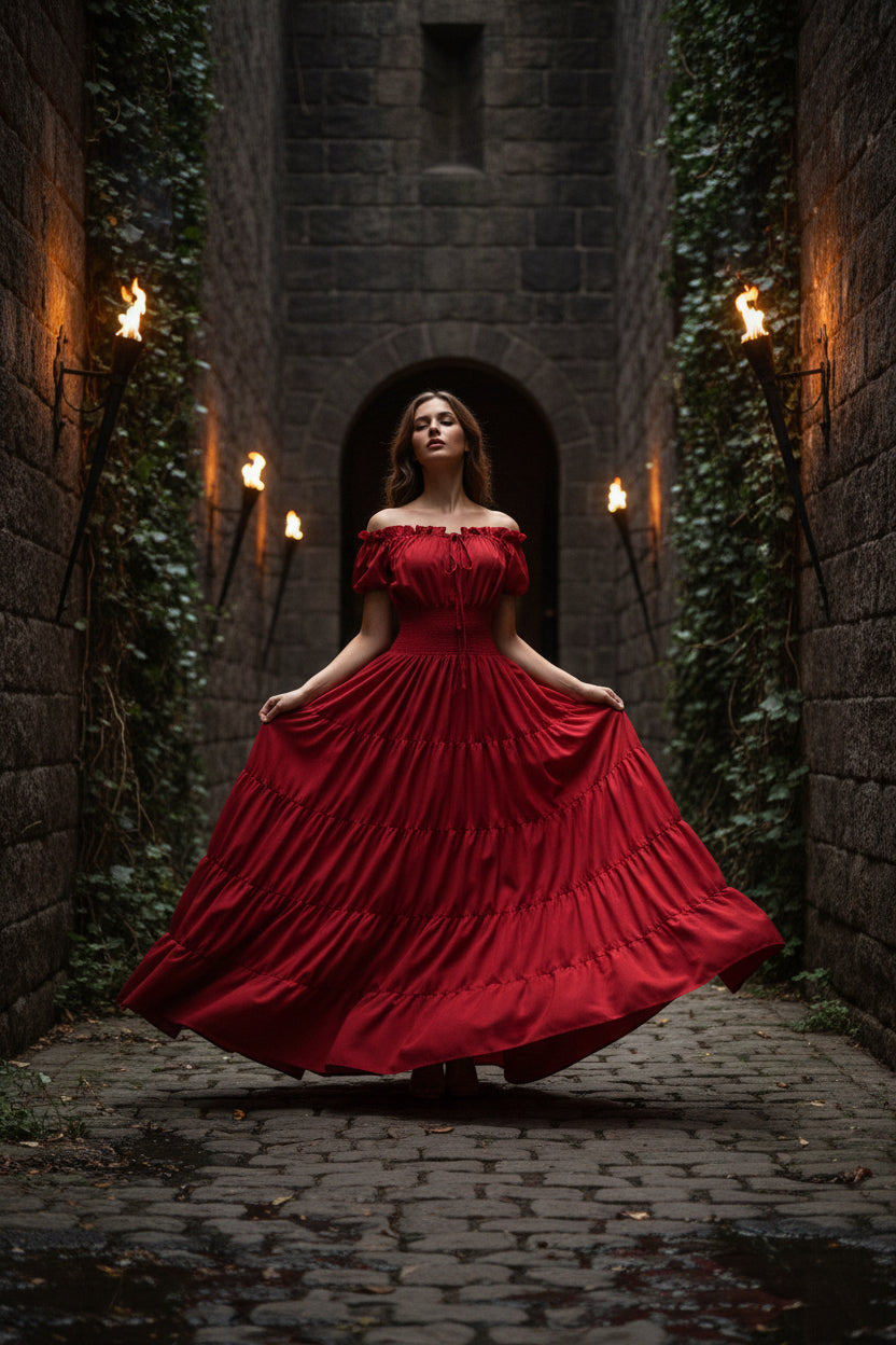 Red off-shoulder dress with tiered layers on a white background