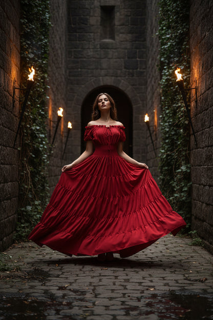 Red off-shoulder dress with tiered layers on a white background