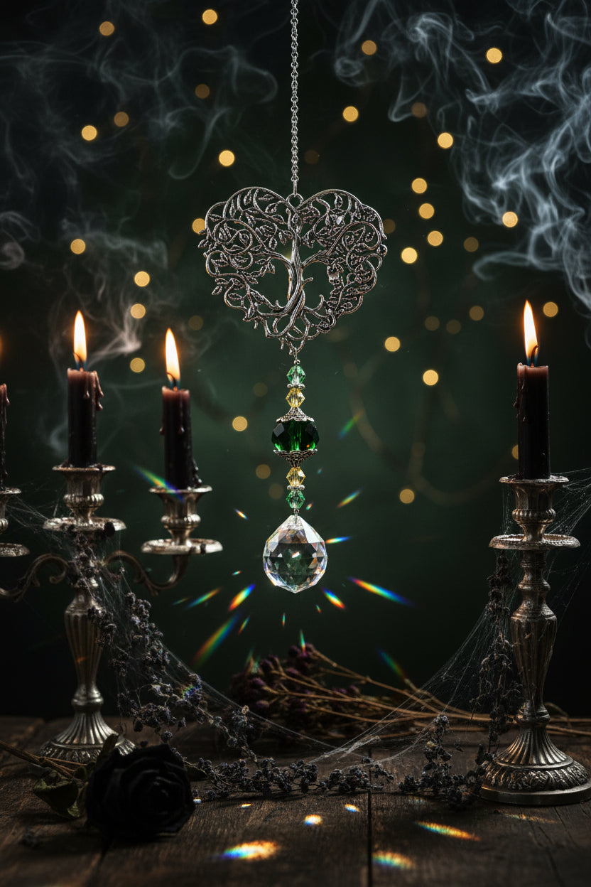 Decorative hanging heart-shaped ornament with crystal ball on a white background