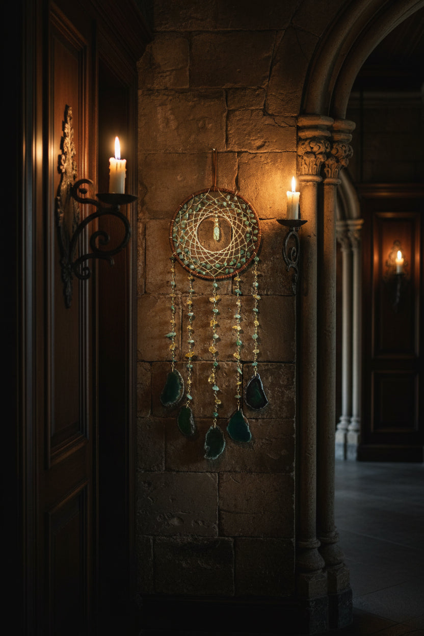Decorative dreamcatcher with green stone elements on a white background