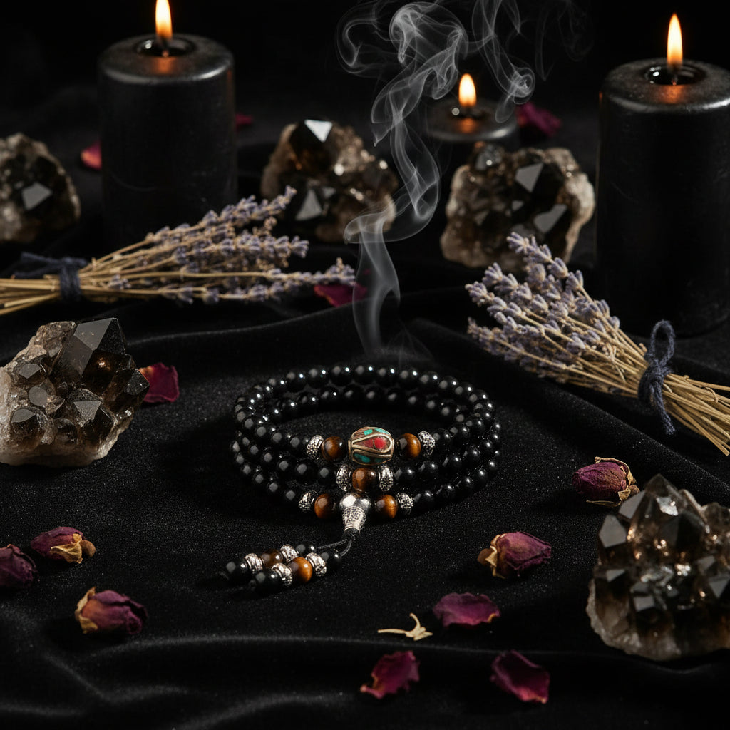 Black beaded bracelet with tiger eye stones on a white surface