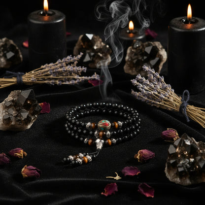 Black beaded bracelet with tiger eye stones on a white surface