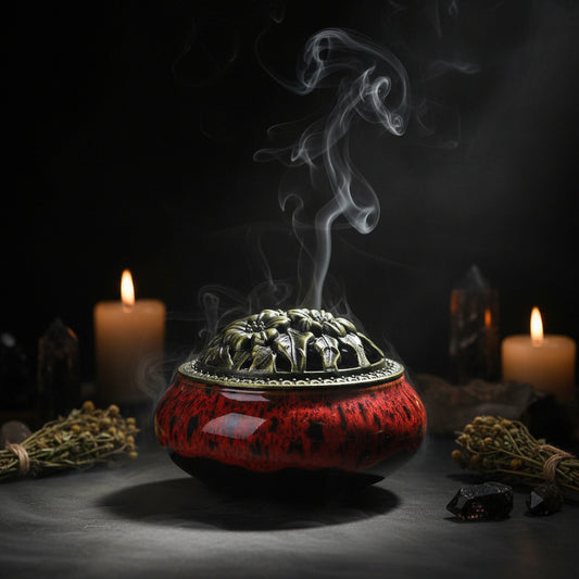 Ceramic incense burner with red glaze and green top on a dark background